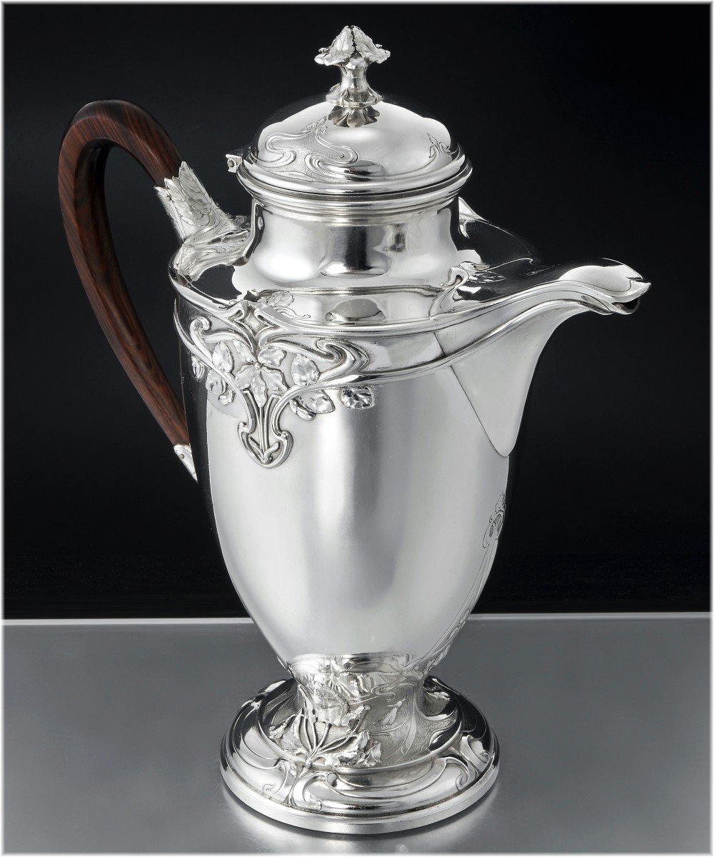 Henin : Large French Art Nouveau Sterling Silver Tea & Coffee Set - Violet Pattern-photo-2