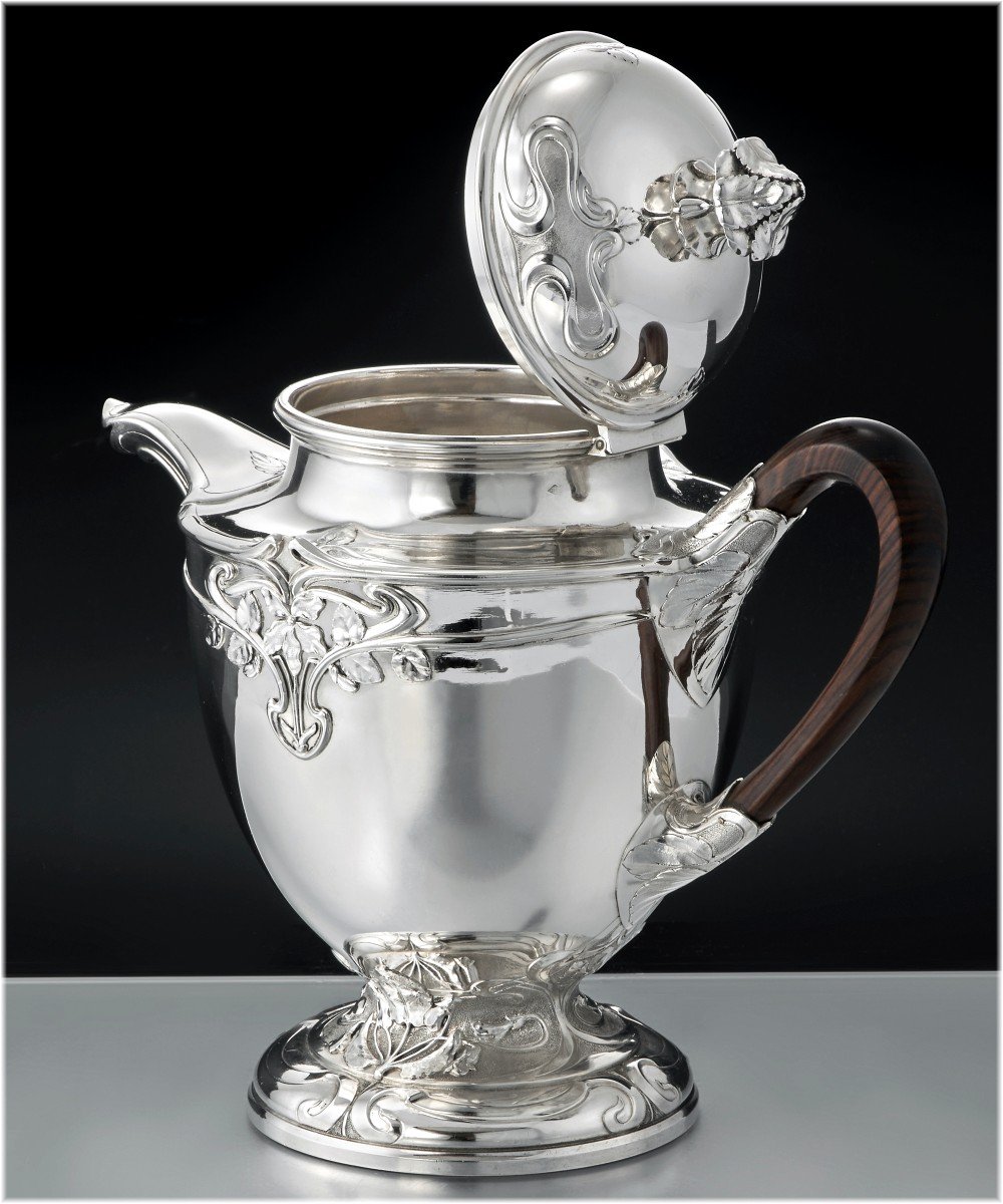 Henin : Large French Art Nouveau Sterling Silver Tea & Coffee Set - Violet Pattern-photo-3
