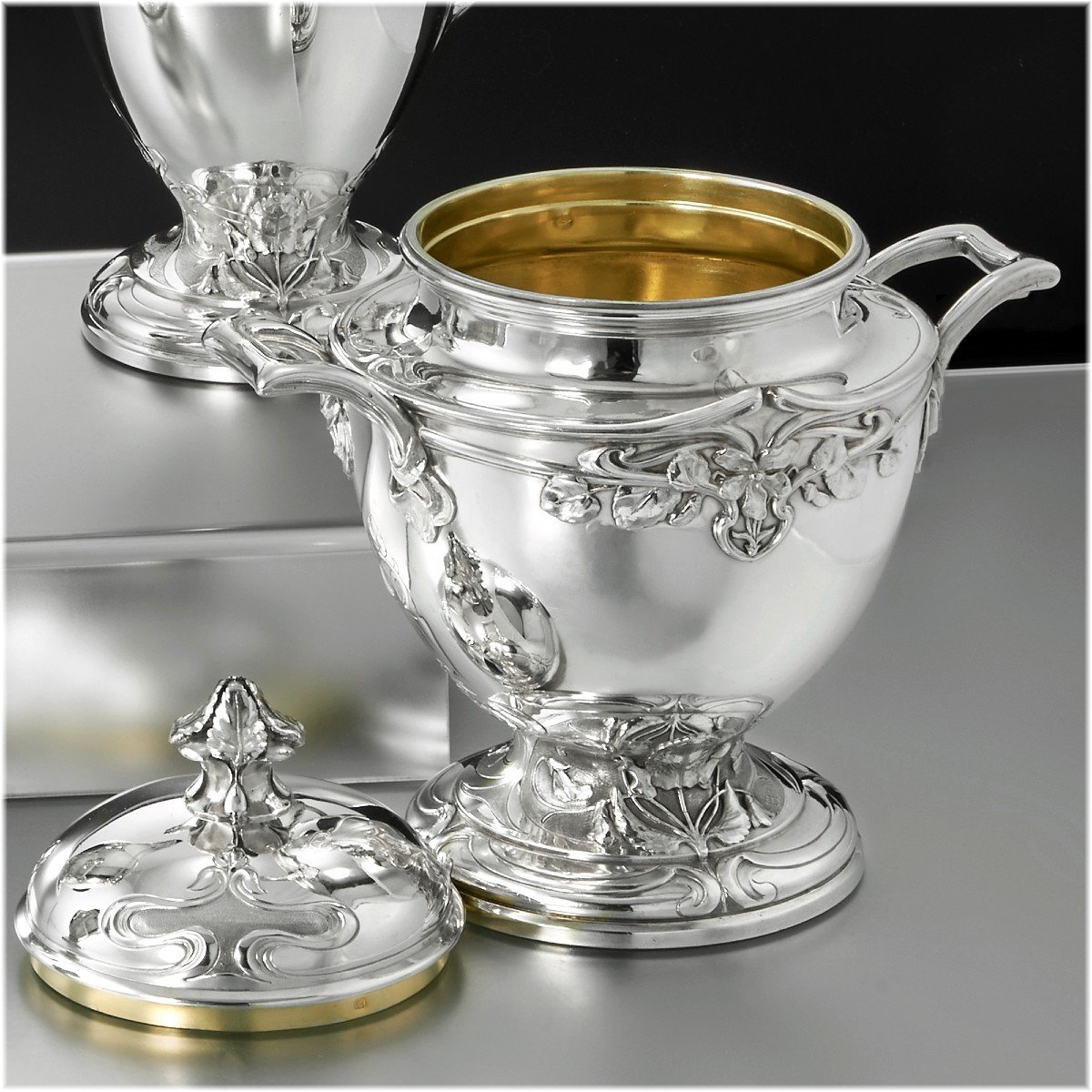 Henin : Large French Art Nouveau Sterling Silver Tea & Coffee Set - Violet Pattern-photo-5