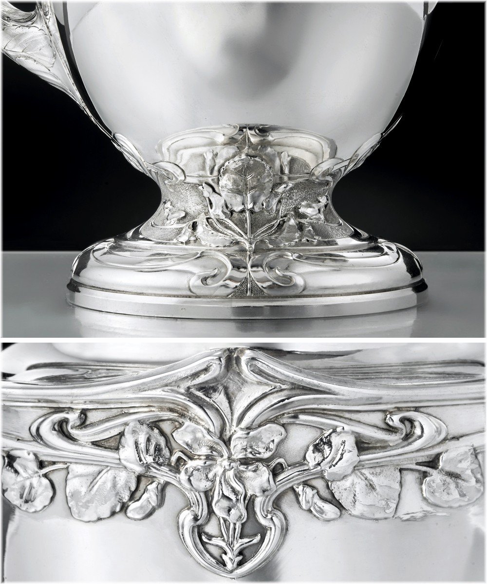 Henin : Large French Art Nouveau Sterling Silver Tea & Coffee Set - Violet Pattern-photo-7