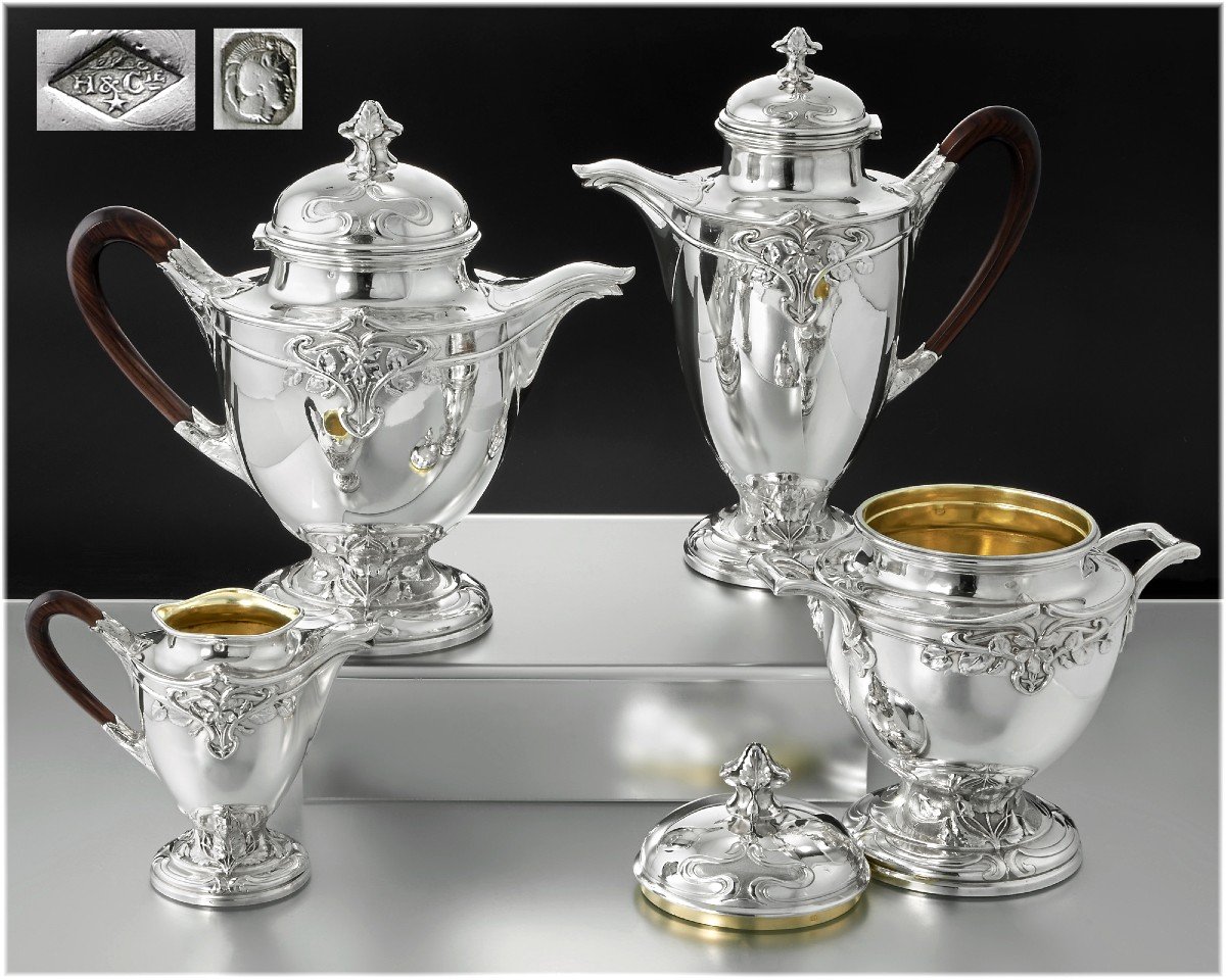 Henin : Large French Art Nouveau Sterling Silver Tea & Coffee Set - Violet Pattern-photo-8