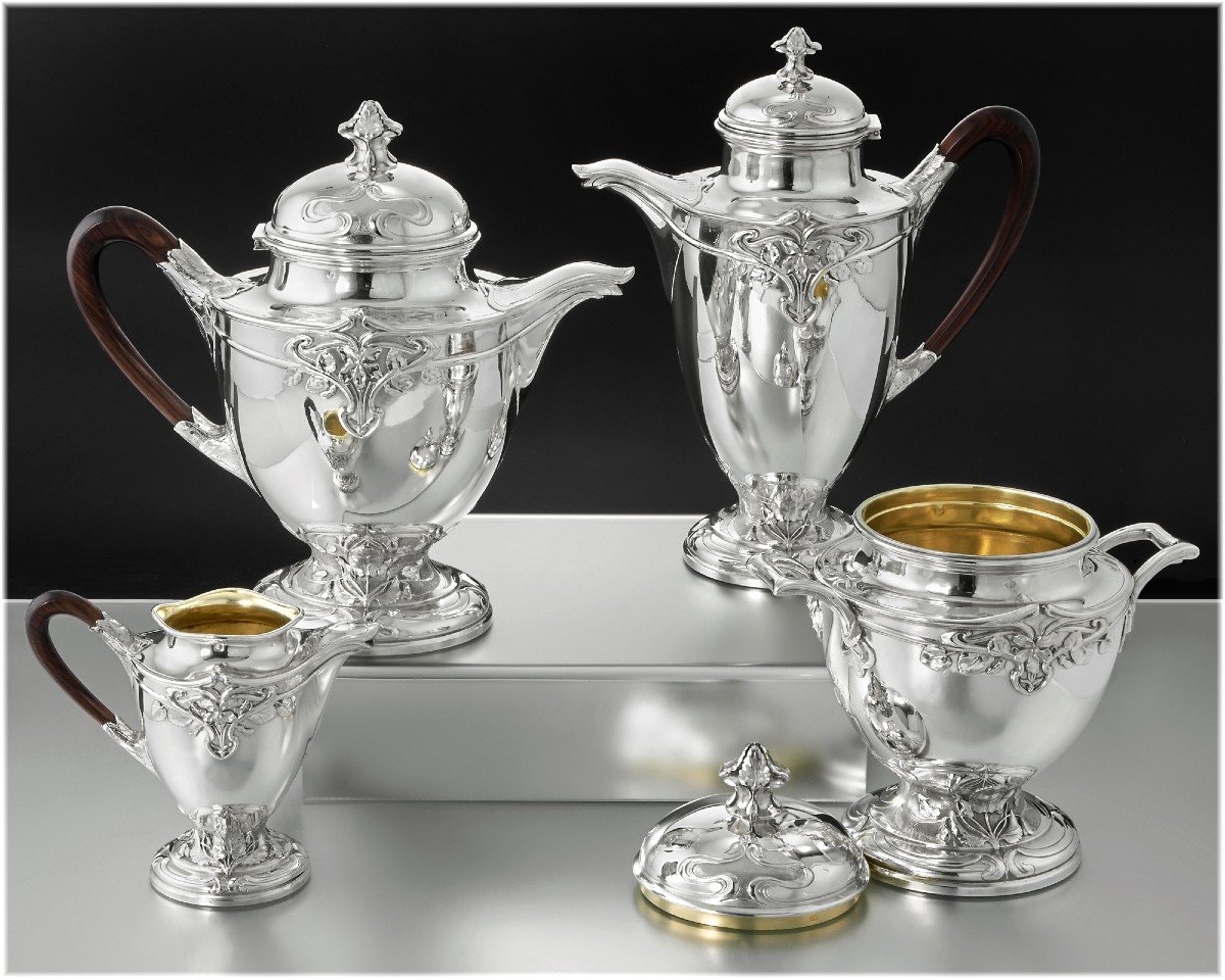 Henin : Large French Art Nouveau Sterling Silver Tea & Coffee Set - Violet Pattern