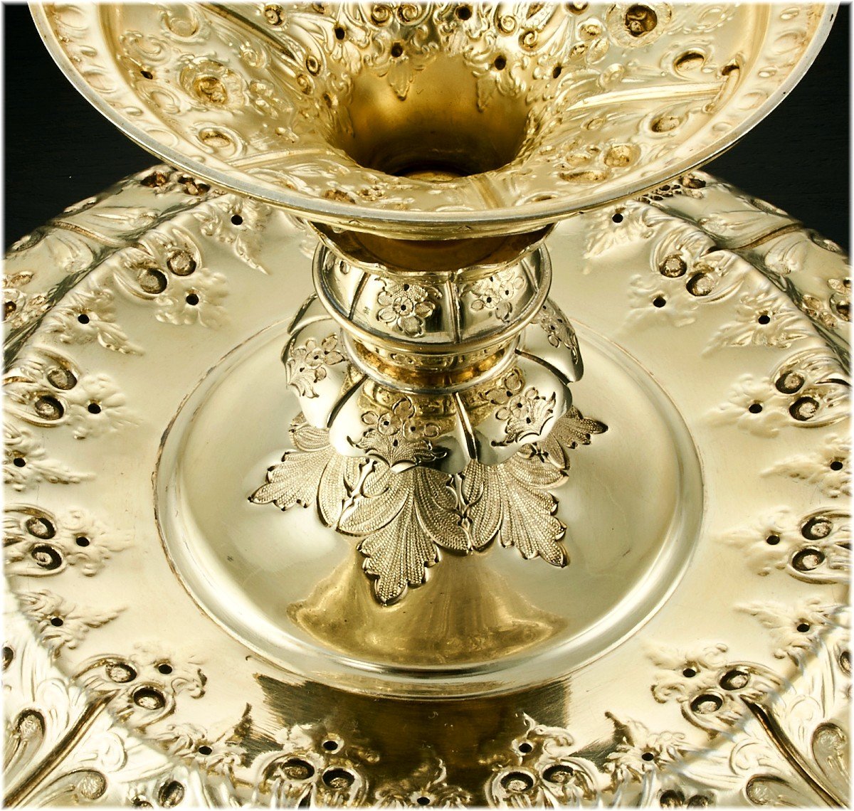 Martin Hall : Gilt Sterling Silver Tazza / Centerpiece Dish London 1883 - Flowers, Fruits-photo-1