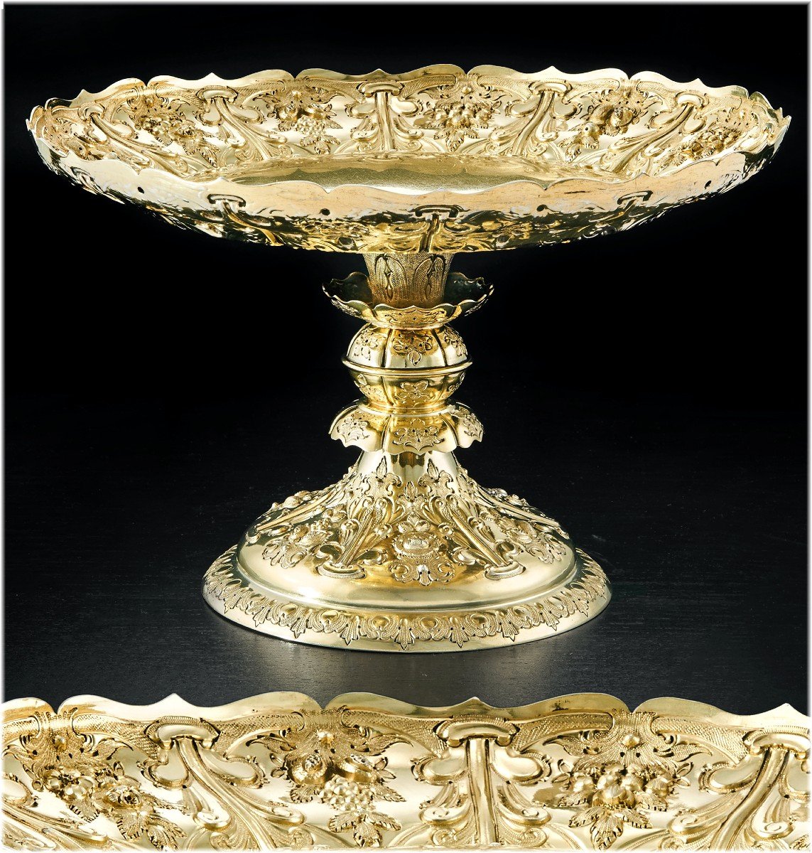 Martin Hall : Gilt Sterling Silver Tazza / Centerpiece Dish London 1883 - Flowers, Fruits