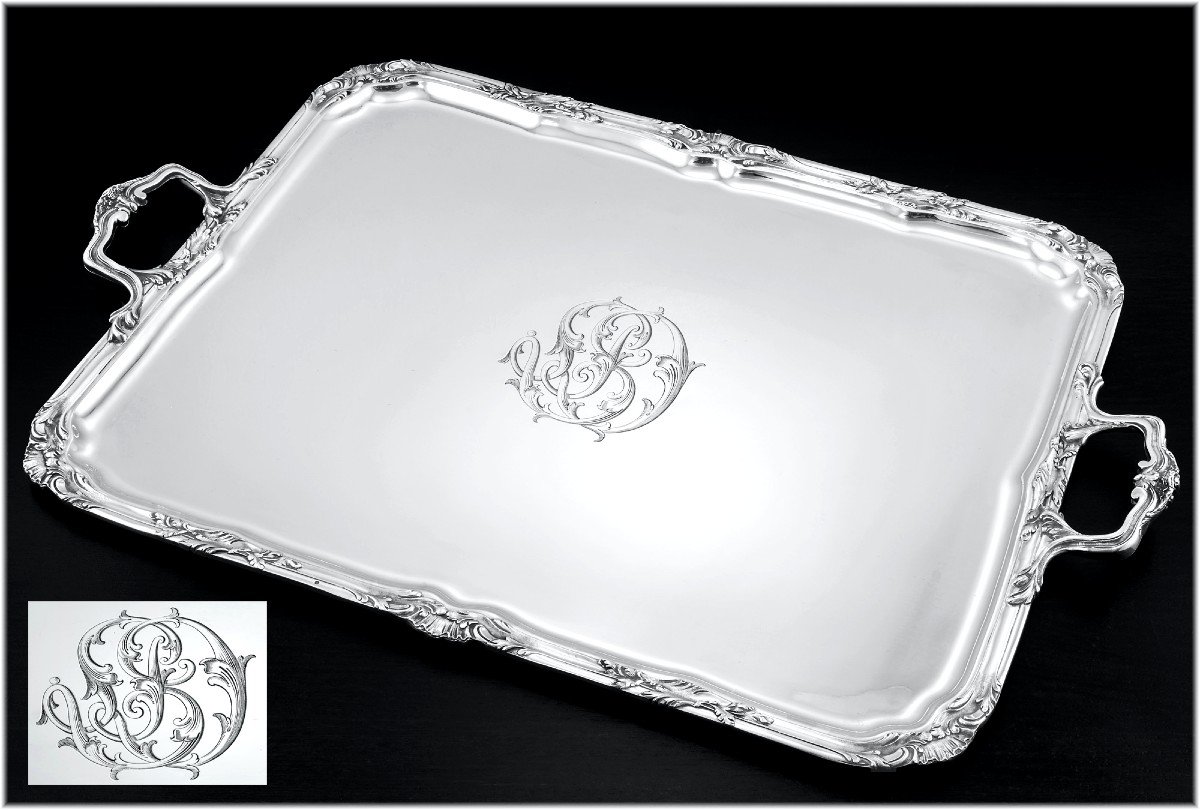 Tetard Frères : Large  Louis XV Style Sterling Silver Serving Tray  +4513 Grams-photo-4