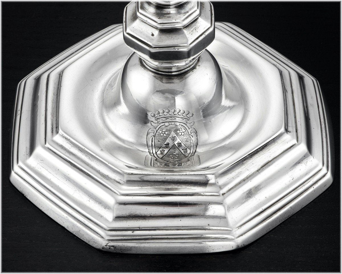 Jean-pierre II Buchet : 18th Century Sterling Silver Candlesticks Brittany Rennes 1733-34 - Coat Of Arms-photo-2