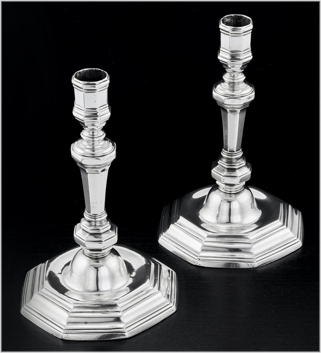 Jean-pierre II Buchet : 18th Century Sterling Silver Candlesticks Brittany Rennes 1733-34 - Coat Of Arms-photo-1