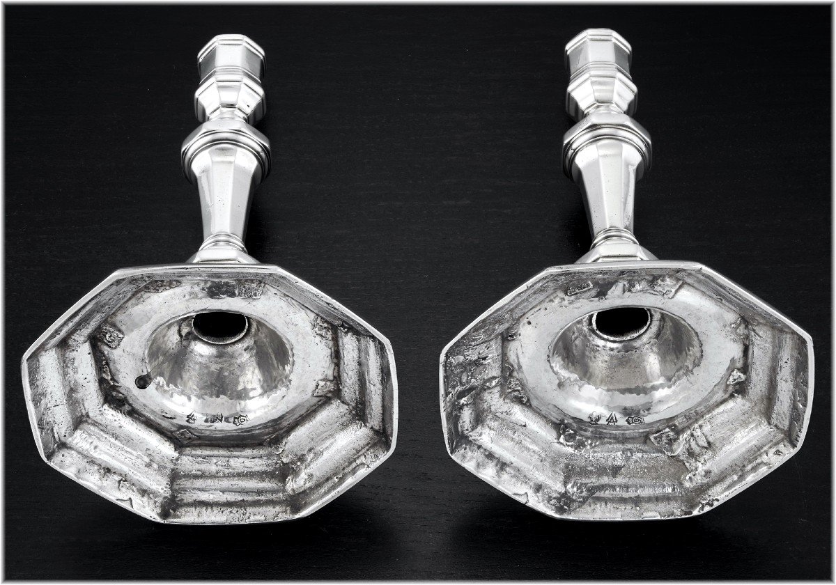 Jean-pierre II Buchet : 18th Century Sterling Silver Candlesticks Brittany Rennes 1733-34 - Coat Of Arms-photo-2