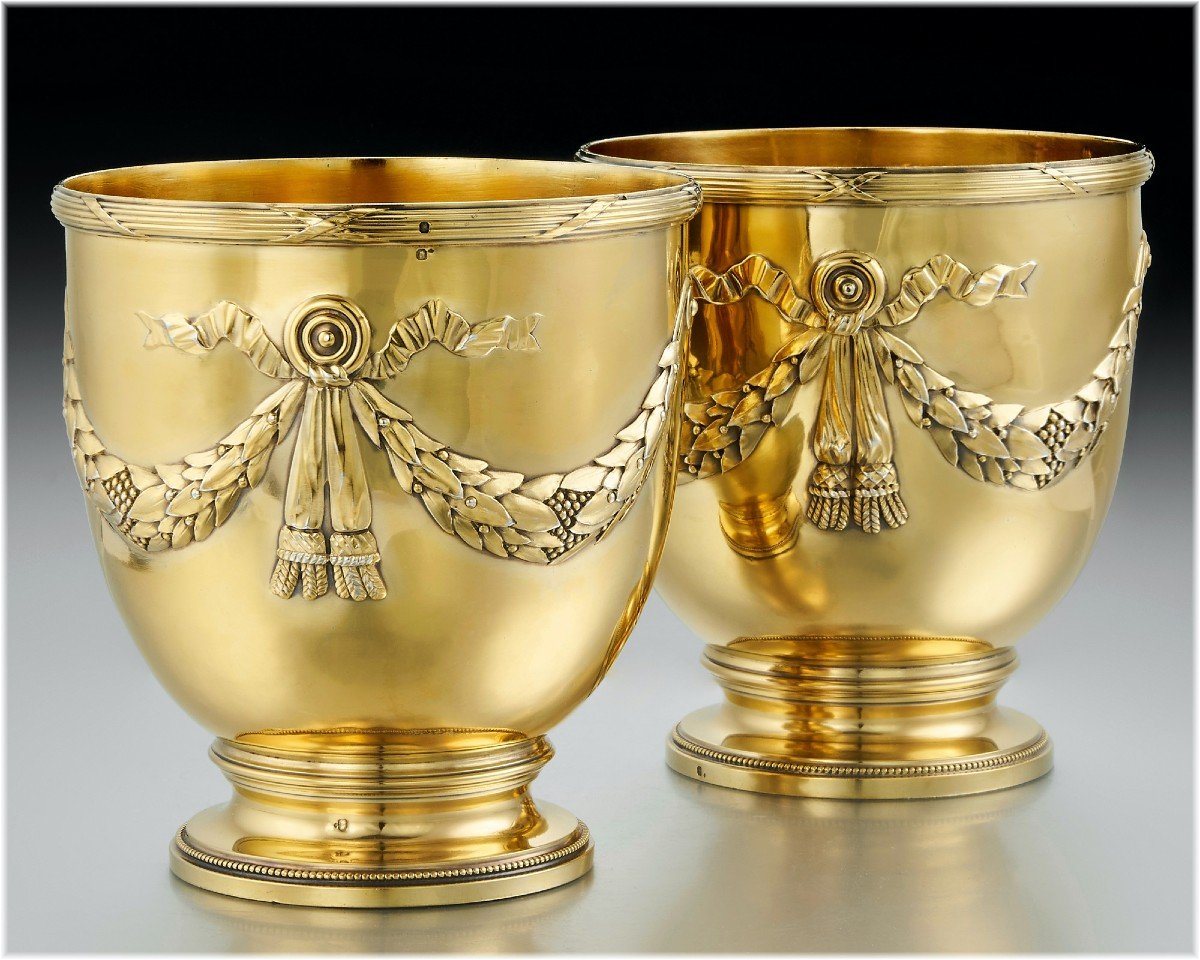 Risler & Carre: Pair Of Wine Coolers / Cache Pots In Vermeil Sterling Silver 