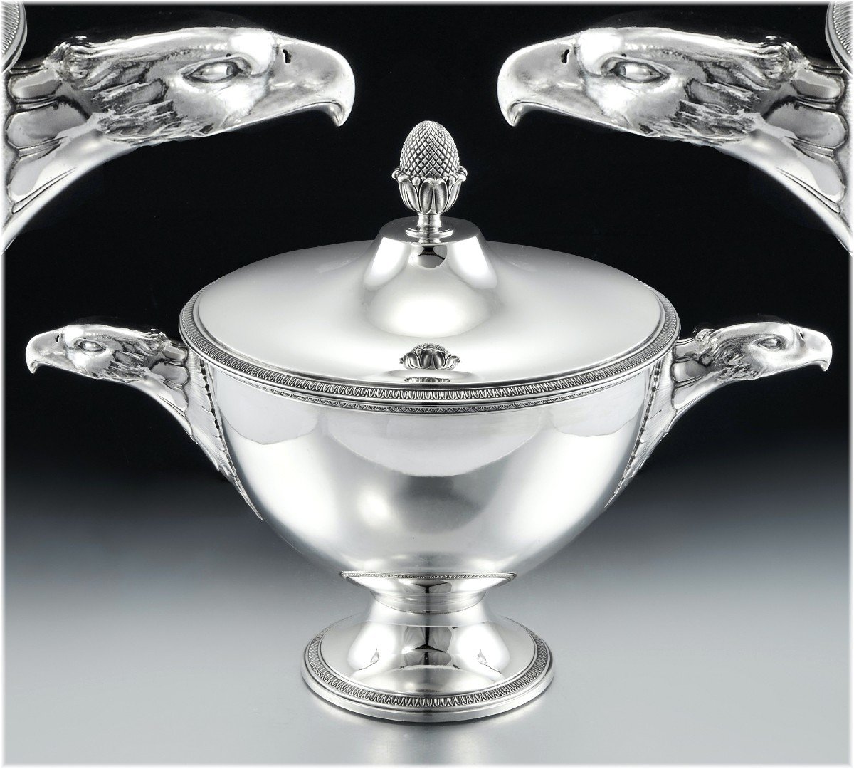Armand Frenais : Large Empire Style Sterling Silver Soup Tureen - Eagle Heads