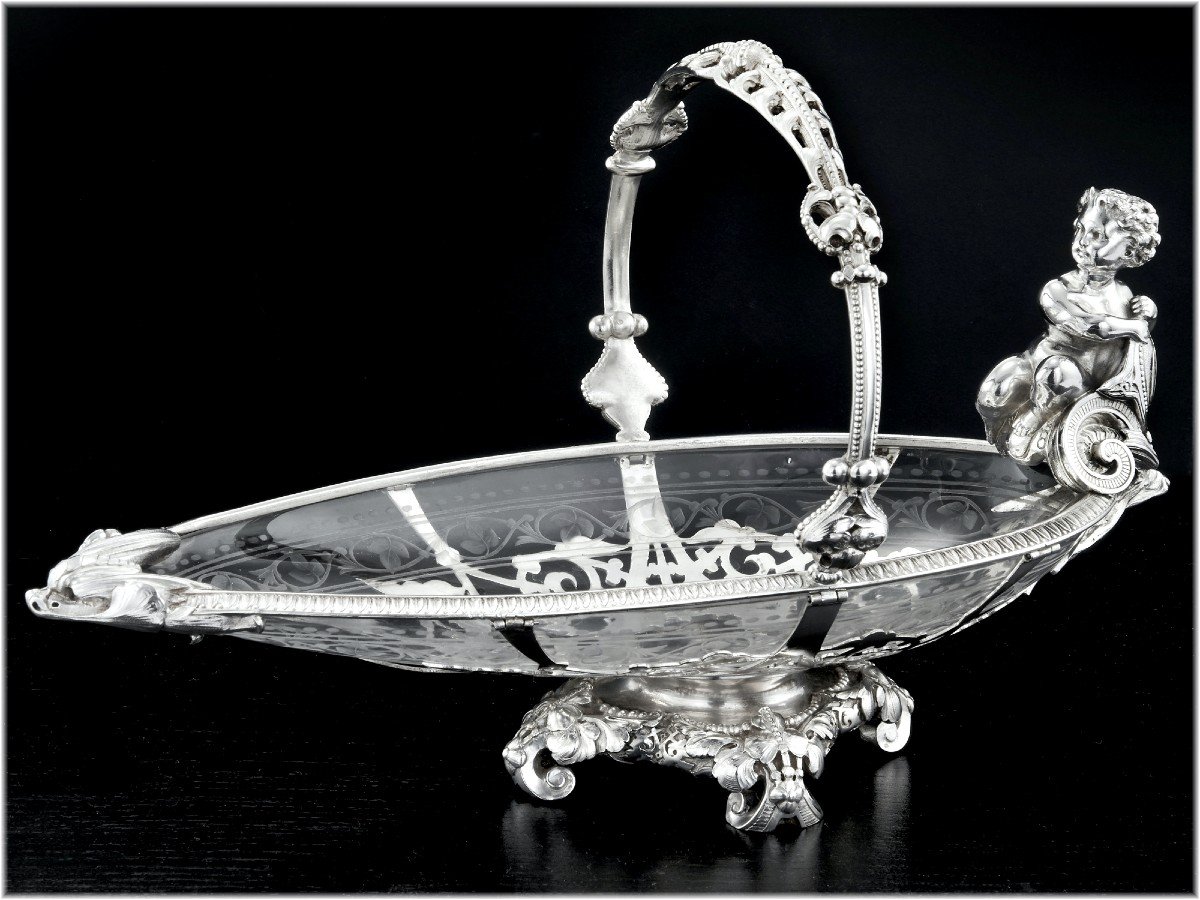 Hunt & Roskell : Rare Basket / Display Dish In Sterling Silver & Engraved Crystal London 1873-photo-3