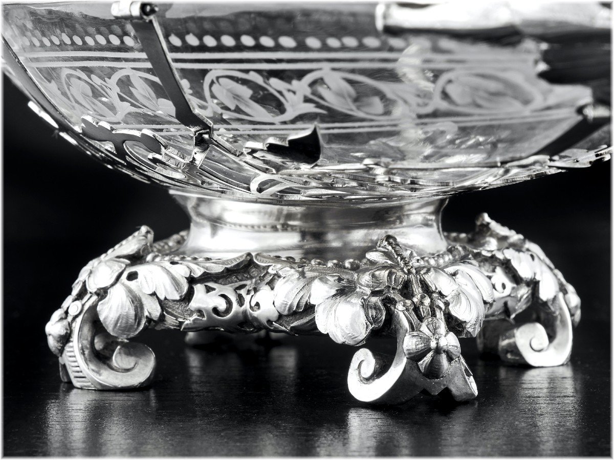 Hunt & Roskell : Rare Basket / Display Dish In Sterling Silver & Engraved Crystal London 1873-photo-3