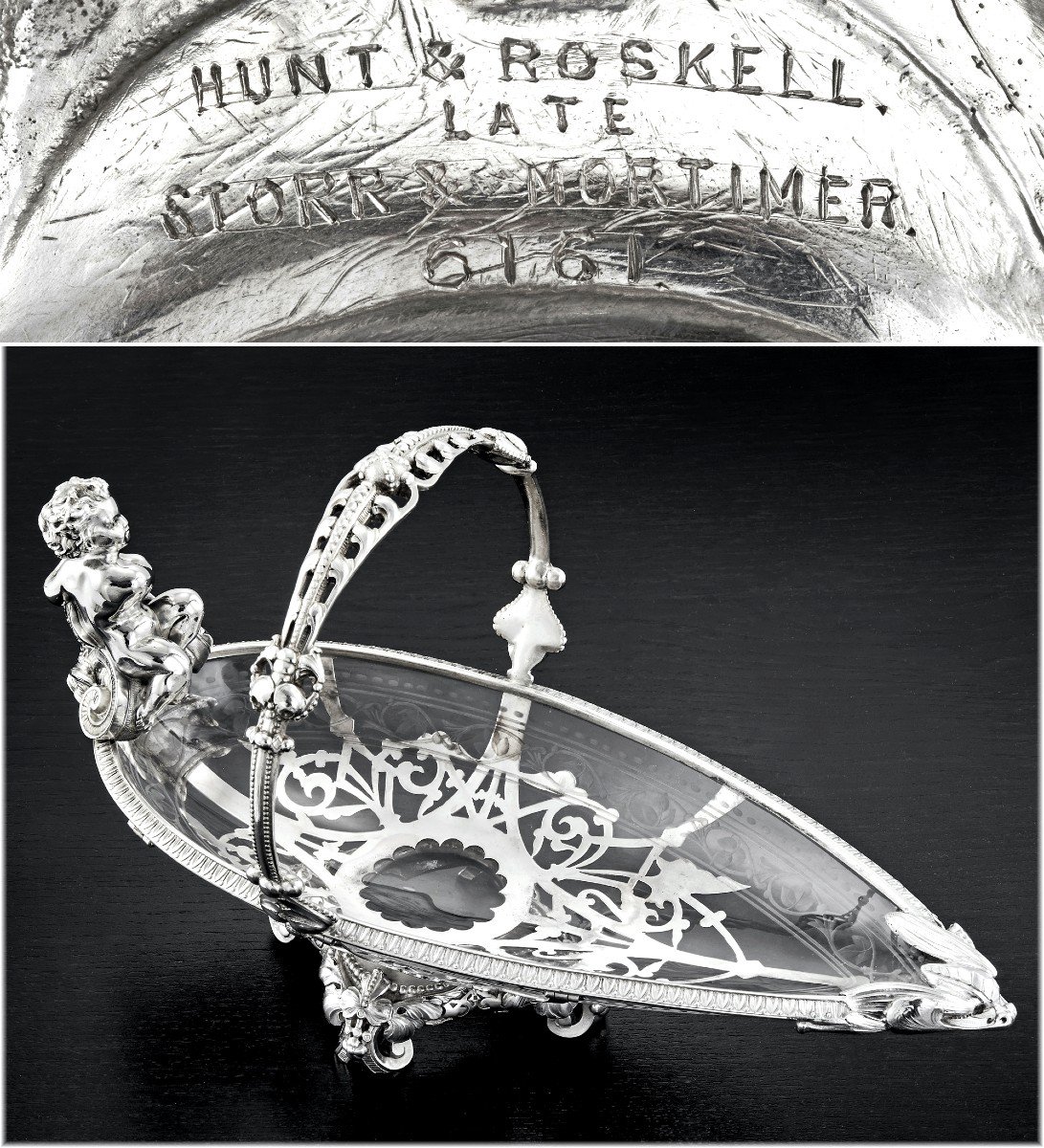 Hunt & Roskell : Rare Basket / Display Dish In Sterling Silver & Engraved Crystal London 1873-photo-7