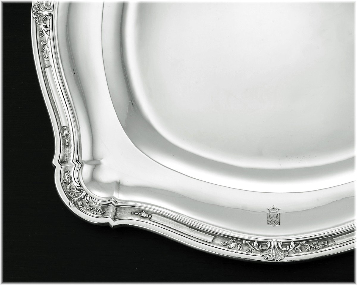 Puiforcat : Large Pair Of Louis XV Style Sterling Silver Square Platters - Coat Of Arms-photo-3