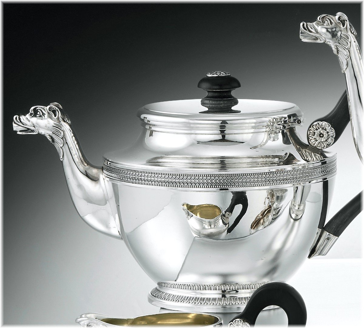 Paul Canaux : Empire Style Tea - Coffee Set In Sterling Silver And Vermeii Mascarons-photo-3