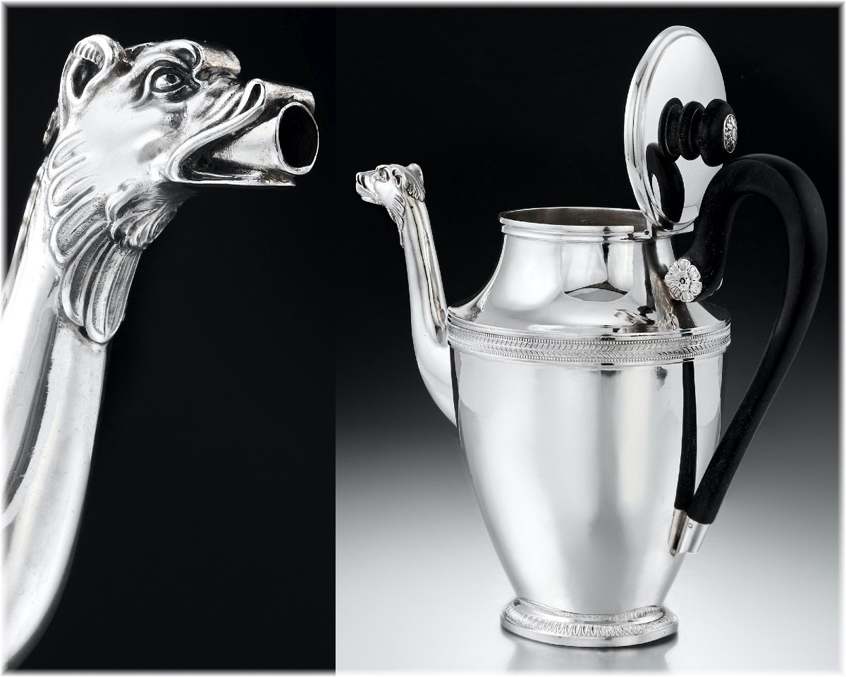 Paul Canaux : Empire Style Tea - Coffee Set In Sterling Silver And Vermeii Mascarons-photo-4
