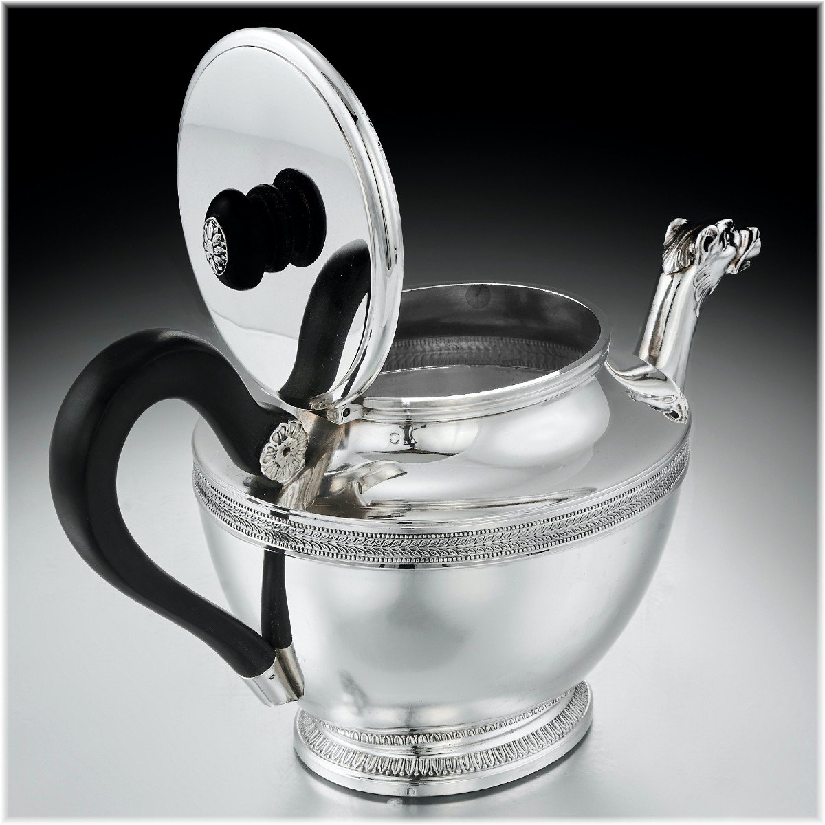 Paul Canaux : Empire Style Tea - Coffee Set In Sterling Silver And Vermeii Mascarons-photo-3