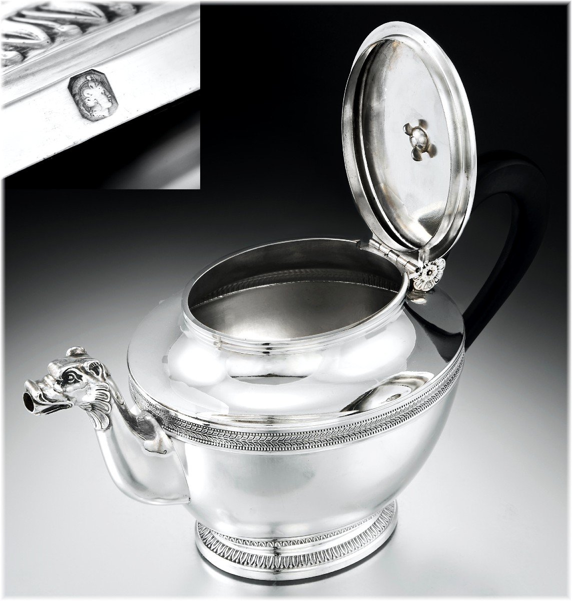 Paul Canaux : Empire Style Tea - Coffee Set In Sterling Silver And Vermeii Mascarons-photo-7