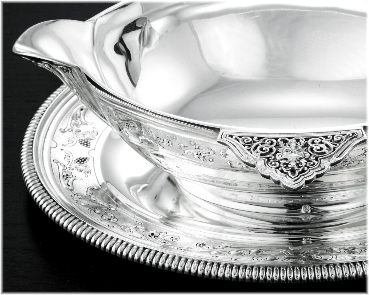 Armand Edouard Cardeilhac : Exceptional Large Solid Silver Sauce Boat With Tray - Mascarons-photo-5