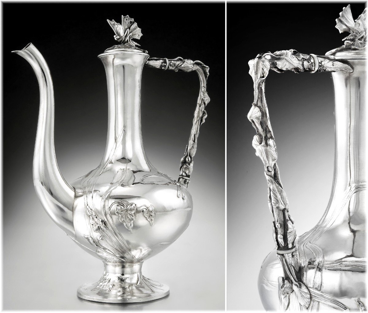 Regina Benvenisti : Rare Art Nouveau 4pc Sterling Silver & Vermeil Tea - Coffee Set - Insects-photo-3