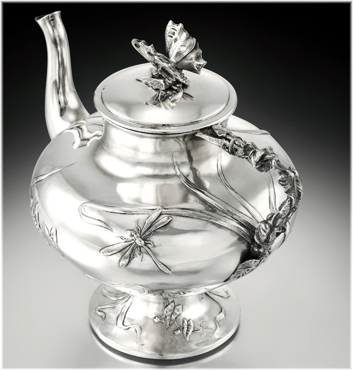 Regina Benvenisti : Rare Art Nouveau 4pc Sterling Silver & Vermeil Tea - Coffee Set - Insects-photo-4