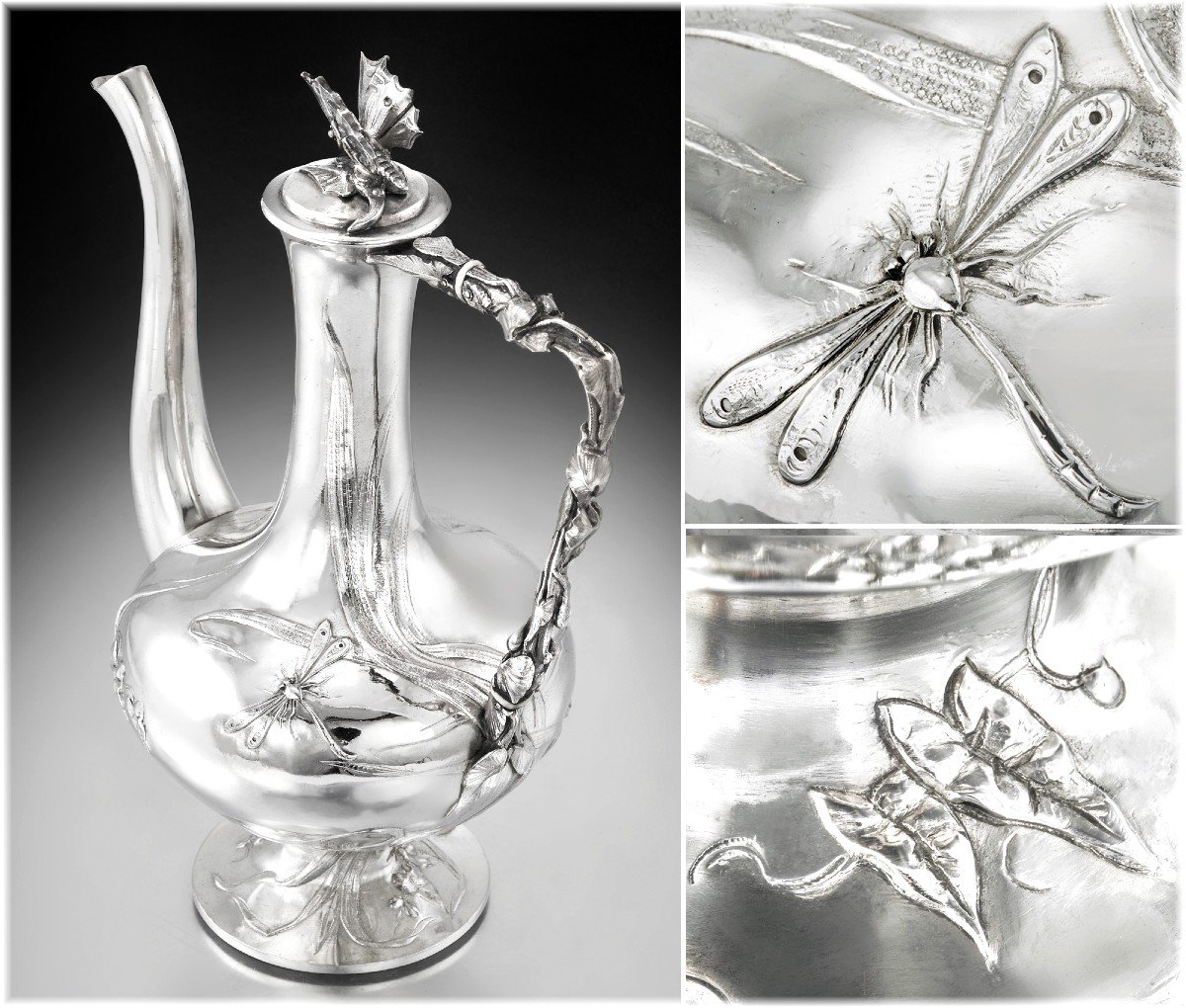 Regina Benvenisti : Rare Art Nouveau 4pc Sterling Silver & Vermeil Tea - Coffee Set - Insects-photo-2