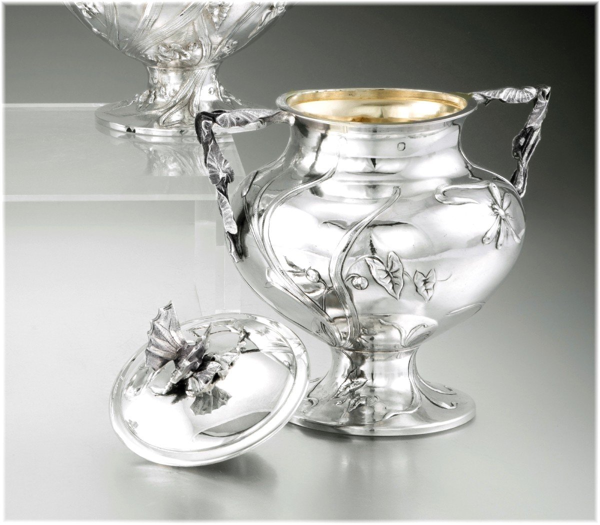 Regina Benvenisti : Rare Art Nouveau 4pc Sterling Silver & Vermeil Tea - Coffee Set - Insects-photo-4