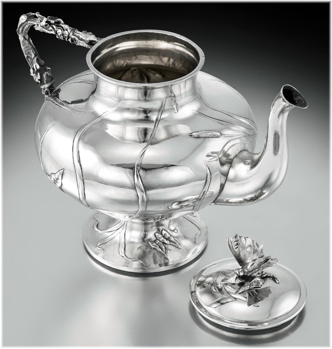 Regina Benvenisti : Rare Art Nouveau 4pc Sterling Silver & Vermeil Tea - Coffee Set - Insects-photo-5