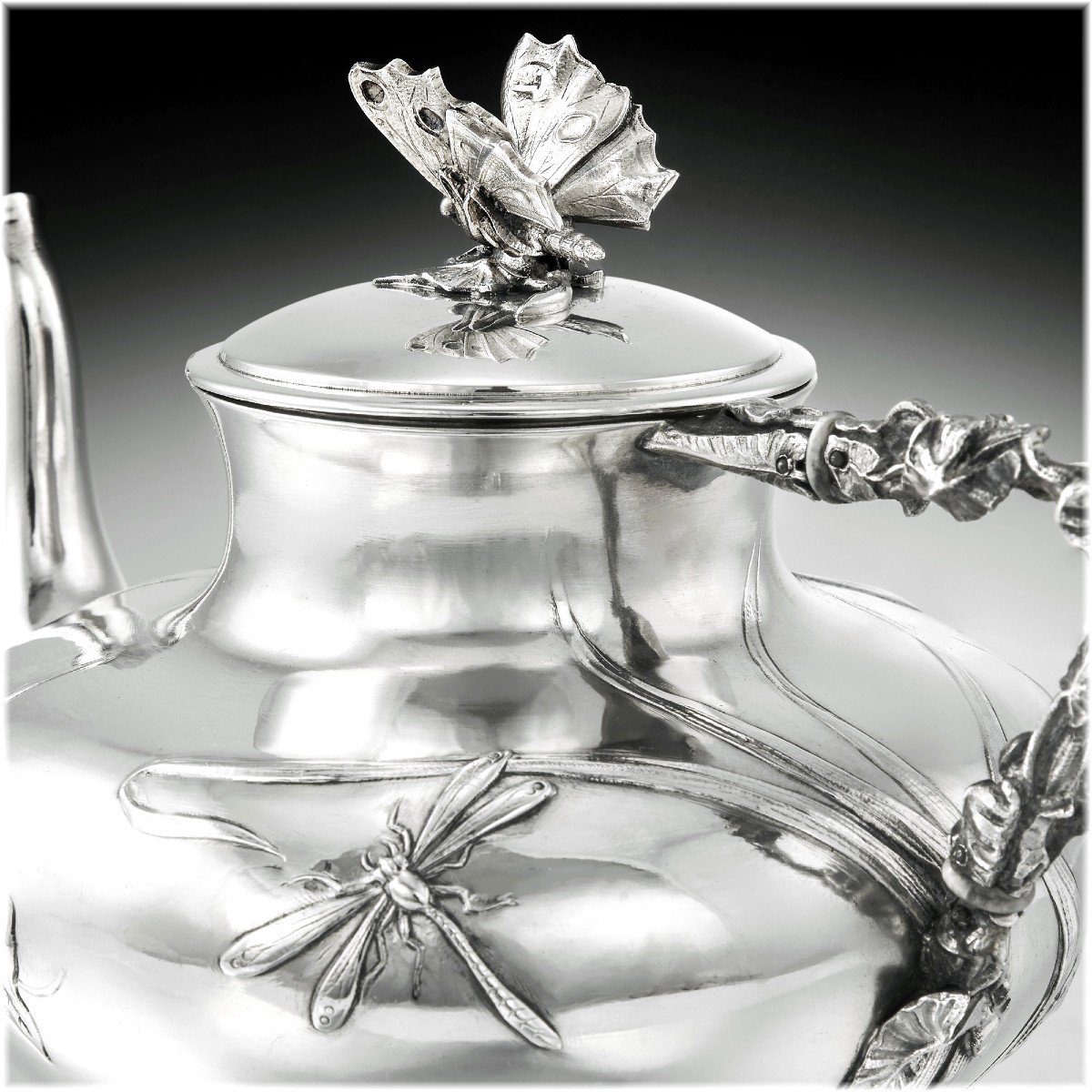 Regina Benvenisti : Rare Art Nouveau 4pc Sterling Silver & Vermeil Tea - Coffee Set - Insects-photo-6