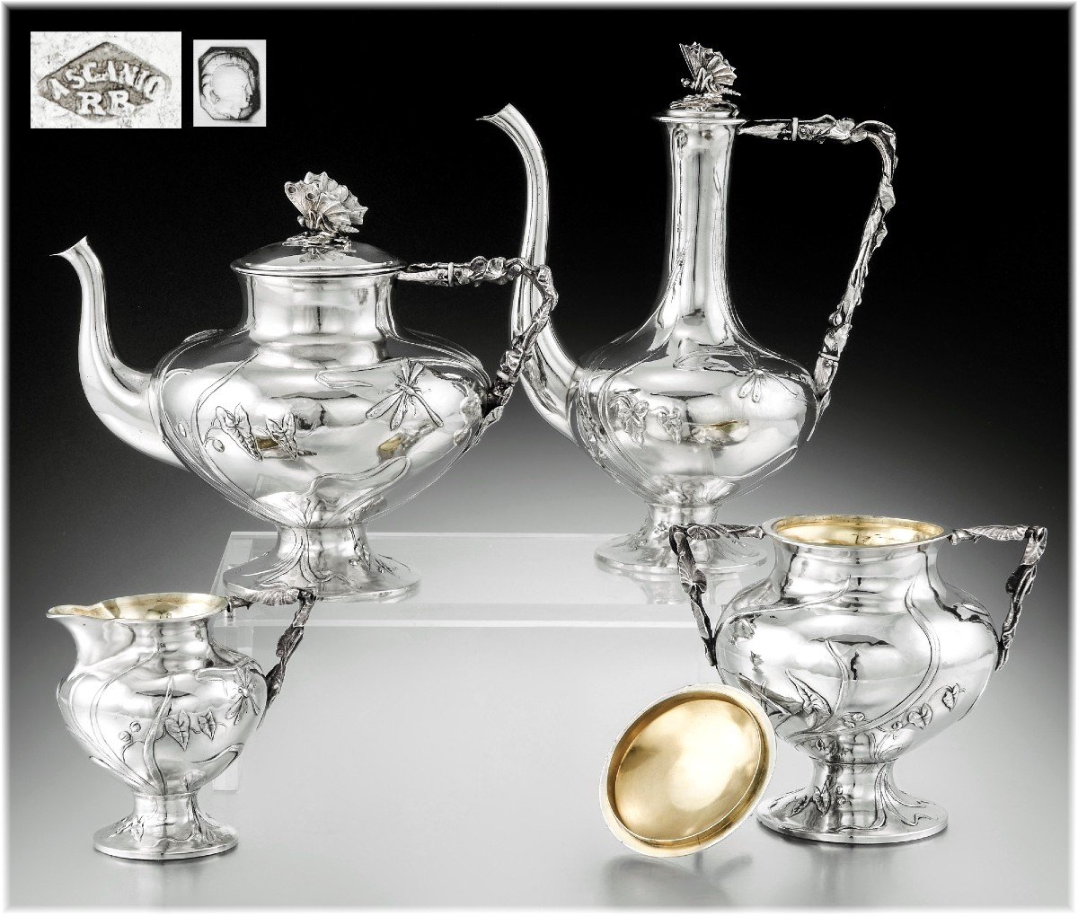 Regina Benvenisti : Rare Art Nouveau 4pc Sterling Silver & Vermeil Tea - Coffee Set - Insects-photo-7