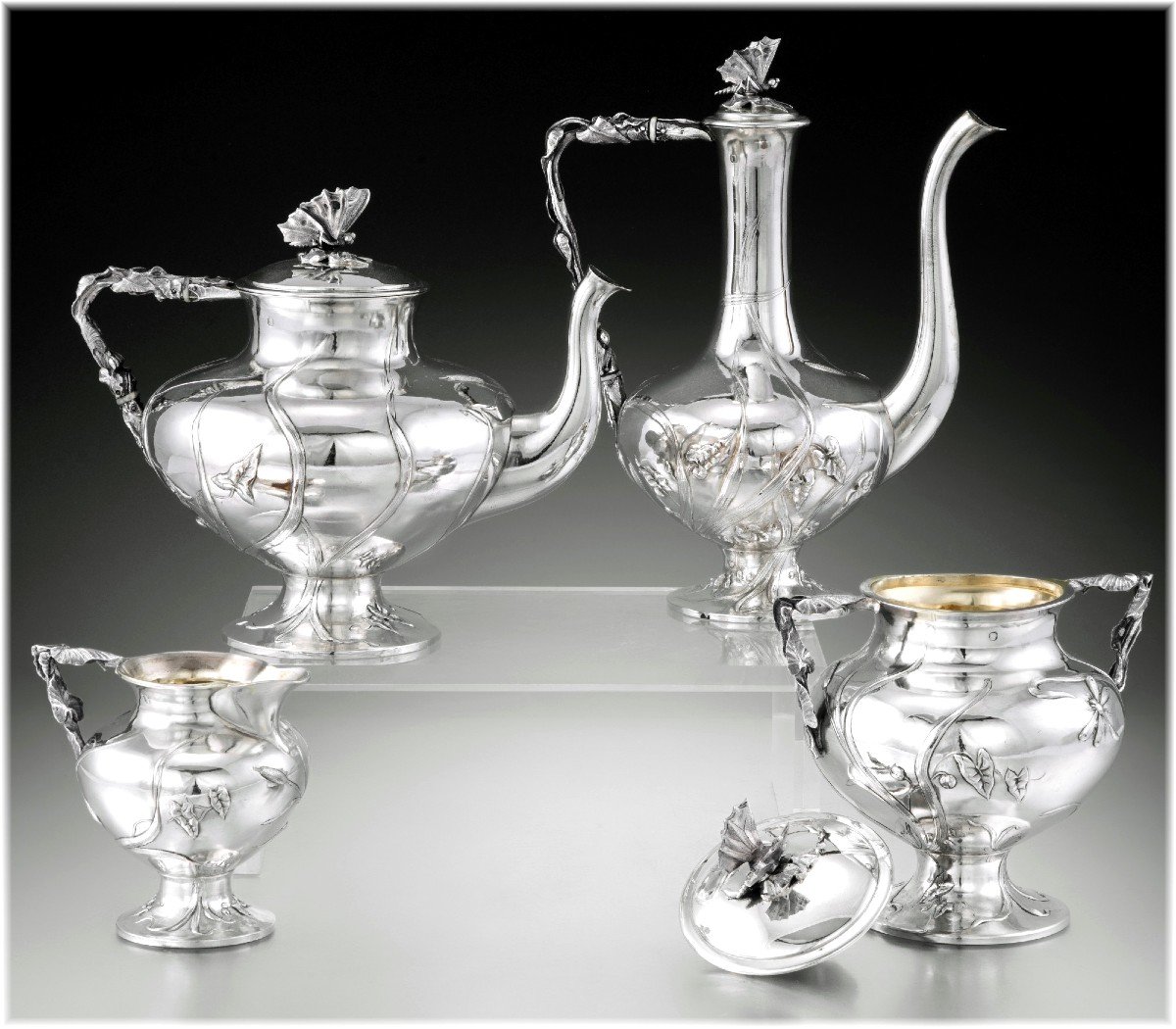 Regina Benvenisti : Rare Art Nouveau 4pc Sterling Silver & Vermeil Tea - Coffee Set - Insects