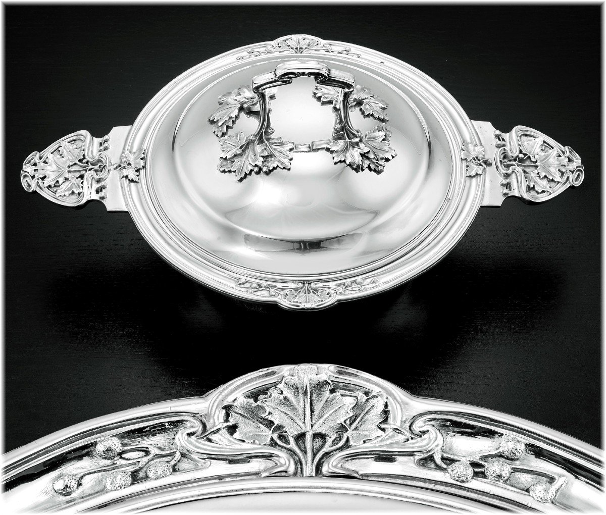 Henri Soufflot : Rare Art Nouveau Sterling Silver Vegetable Tureen - Plane Tree Decor -photo-2