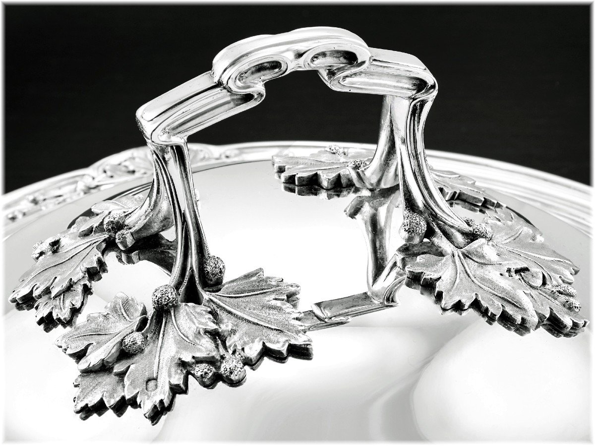 Henri Soufflot : Rare Art Nouveau Sterling Silver Vegetable Tureen - Plane Tree Decor -photo-3