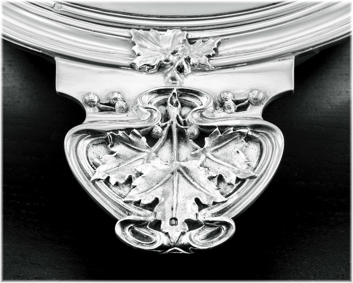 Henri Soufflot : Rare Art Nouveau Sterling Silver Vegetable Tureen - Plane Tree Decor -photo-4