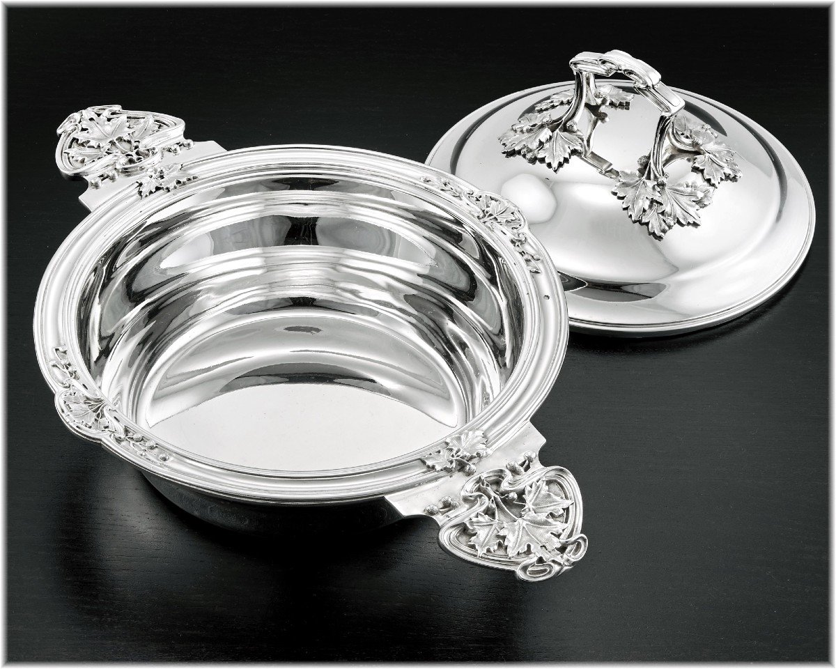 Henri Soufflot : Rare Art Nouveau Sterling Silver Vegetable Tureen - Plane Tree Decor -photo-1
