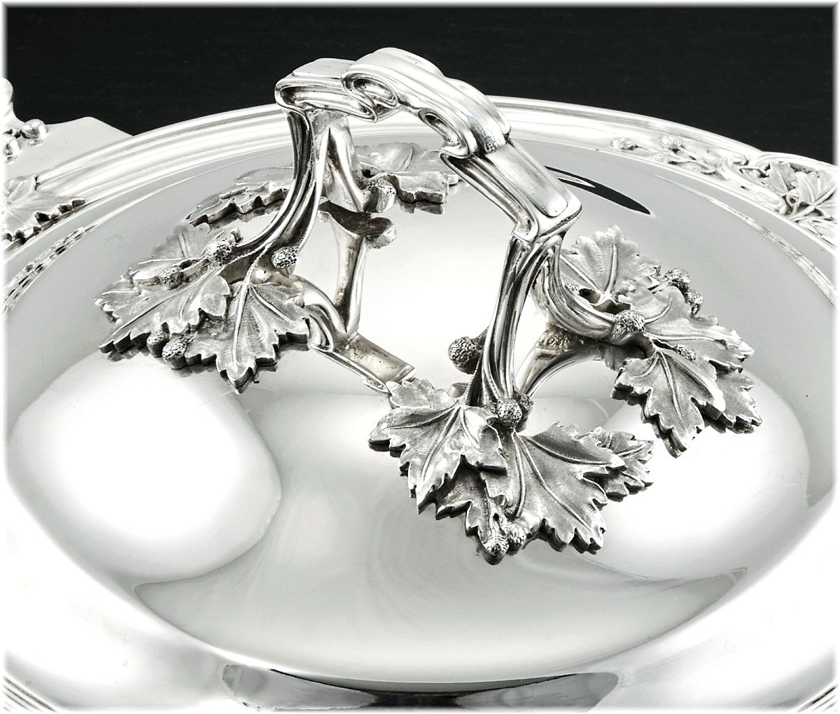 Henri Soufflot : Rare Art Nouveau Sterling Silver Vegetable Tureen - Plane Tree Decor -photo-3