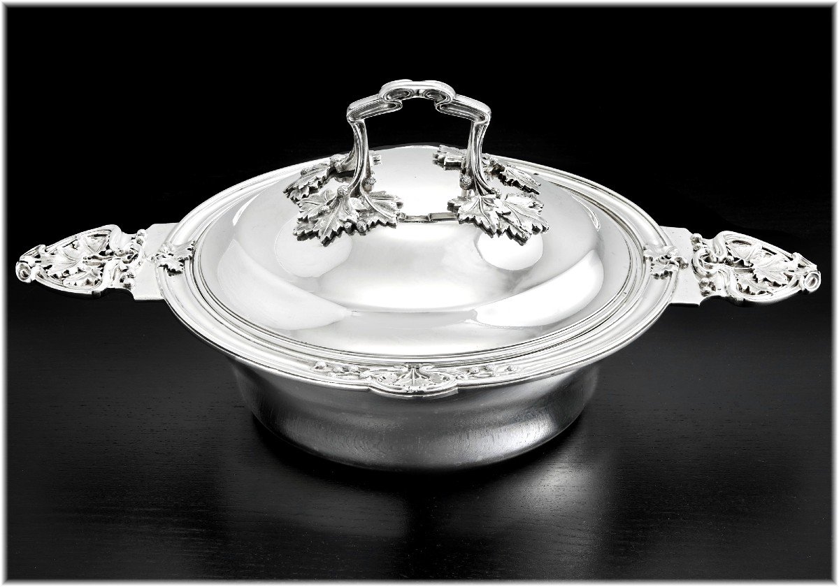 Henri Soufflot : Rare Art Nouveau Sterling Silver Vegetable Tureen - Plane Tree Decor -photo-4