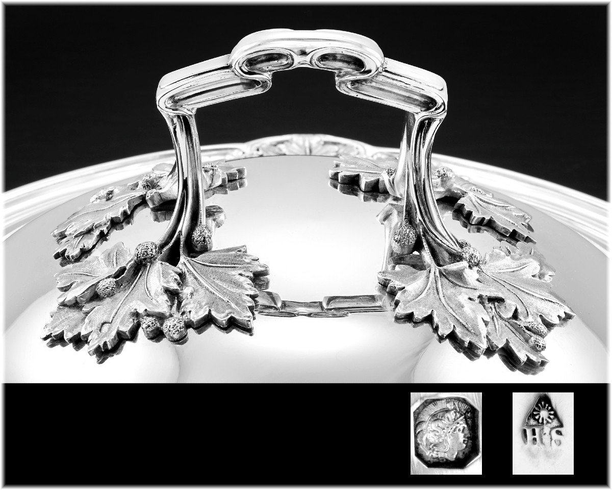 Henri Soufflot : Rare Art Nouveau Sterling Silver Vegetable Tureen - Plane Tree Decor -photo-5
