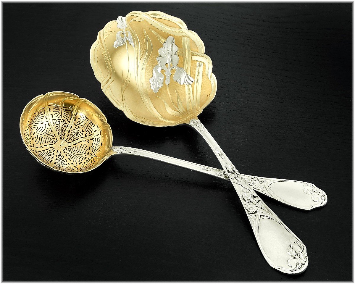 Puiforcat : Art Nouveau Vermeil Sterling Silver Strawberry Serving Set - Iris Pattern -photo-2