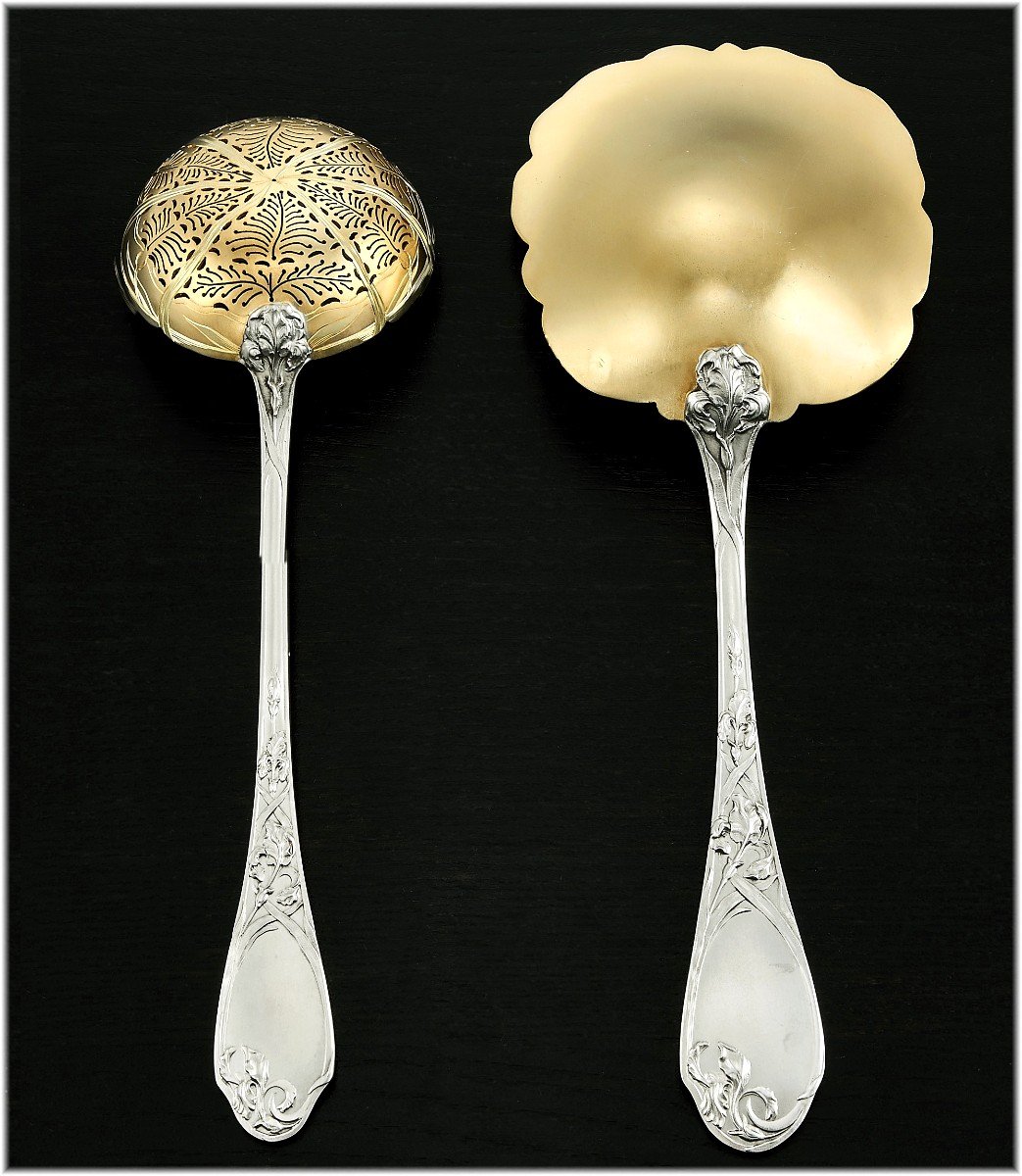 Puiforcat : Art Nouveau Vermeil Sterling Silver Strawberry Serving Set - Iris Pattern -photo-4