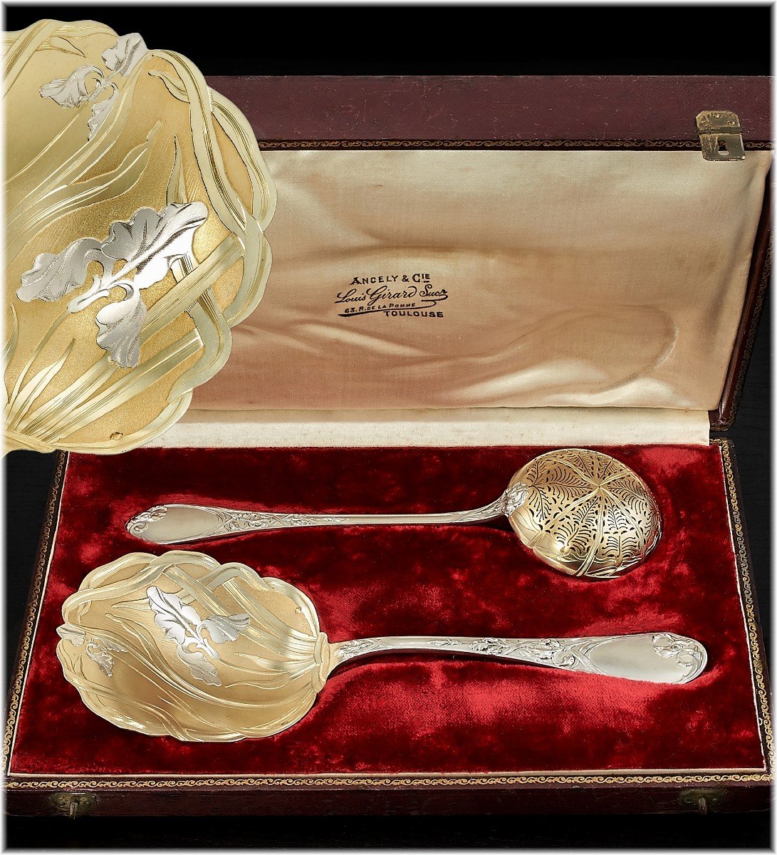 Puiforcat : Art Nouveau Vermeil Sterling Silver Strawberry Serving Set - Iris Pattern 