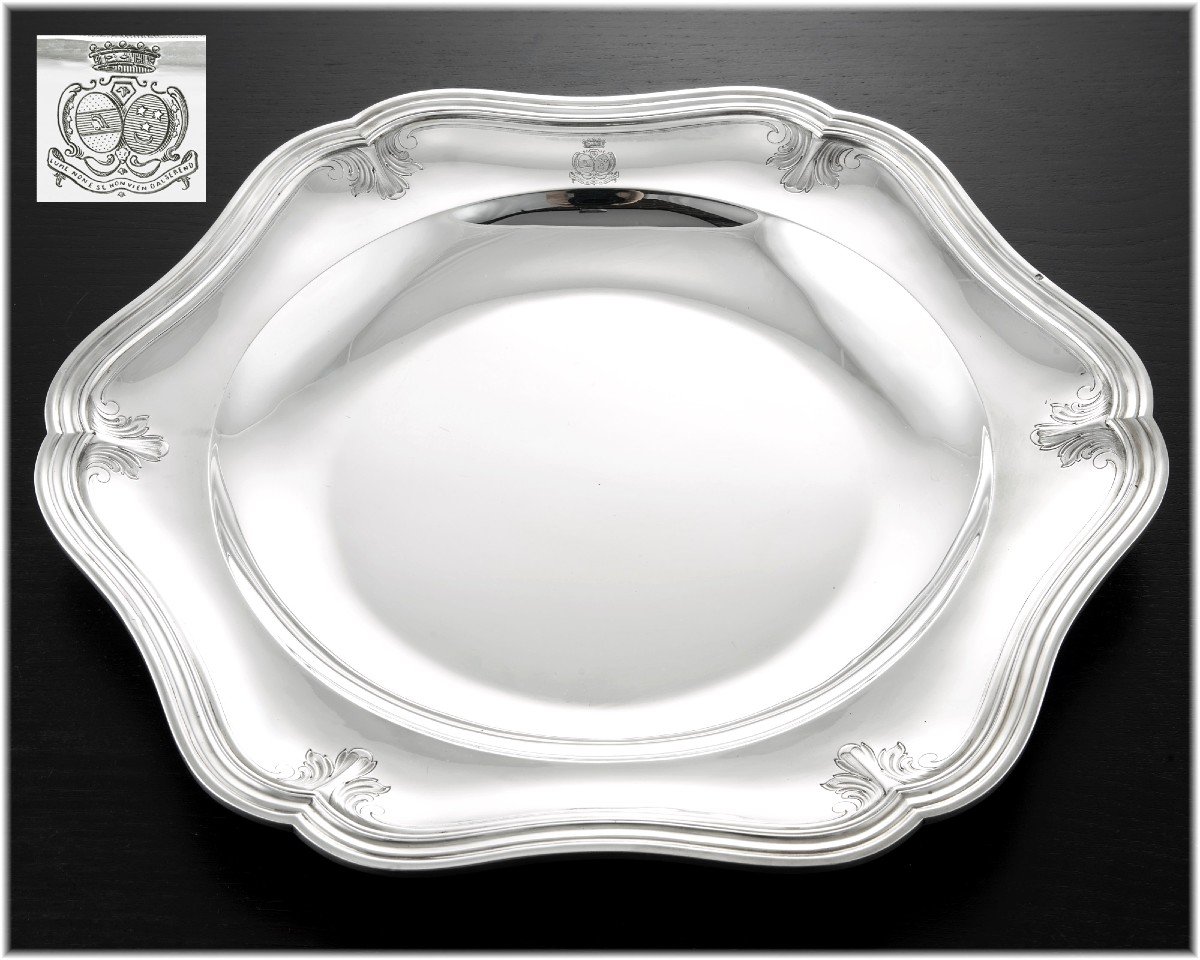 André Aucoc: Large French Sterling Silver Dish / Platter With Foliage Accents - Coat Of Arms
