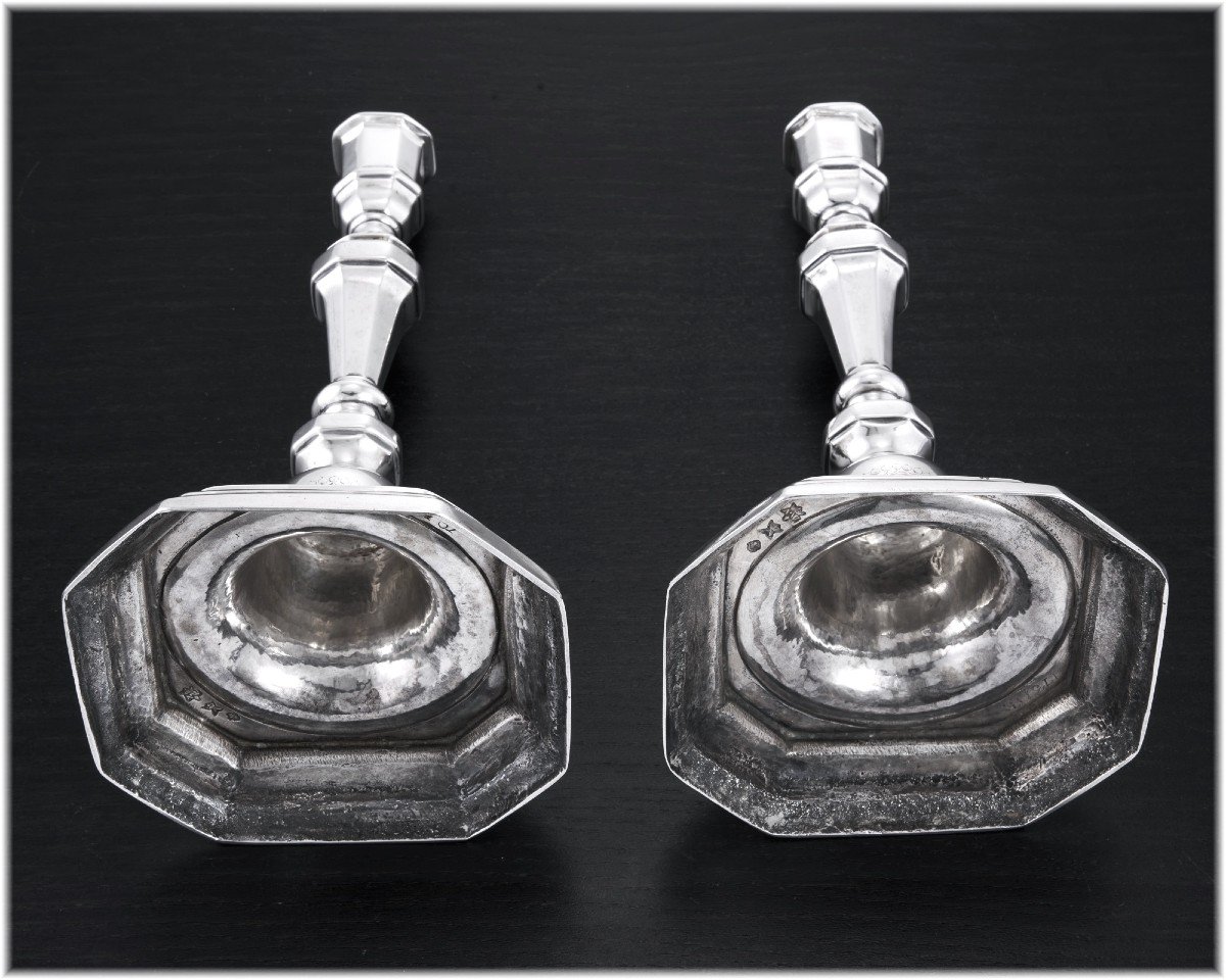 Antoine Willems:  Rare Pair Of Solid Silver Candlesticks XVIIIth Calais 1722-38 - Coat Of Arms-photo-4