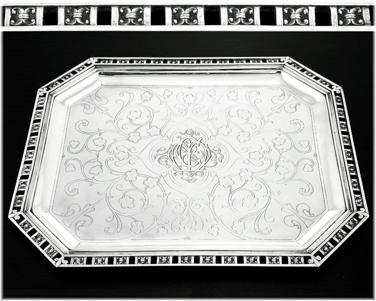 Cardeilhac : Renaissance Style Sterling Silver Tray  - "fer De Lance" Fleur De Lys Pattern-photo-4