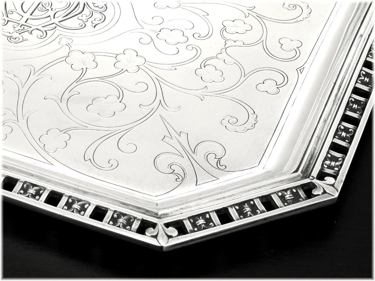 Cardeilhac : Renaissance Style Sterling Silver Tray  - "fer De Lance" Fleur De Lys Pattern-photo-1