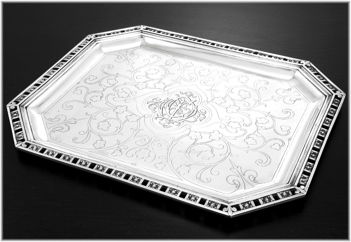 Cardeilhac : Renaissance Style Sterling Silver Tray  - "fer De Lance" Fleur De Lys Pattern