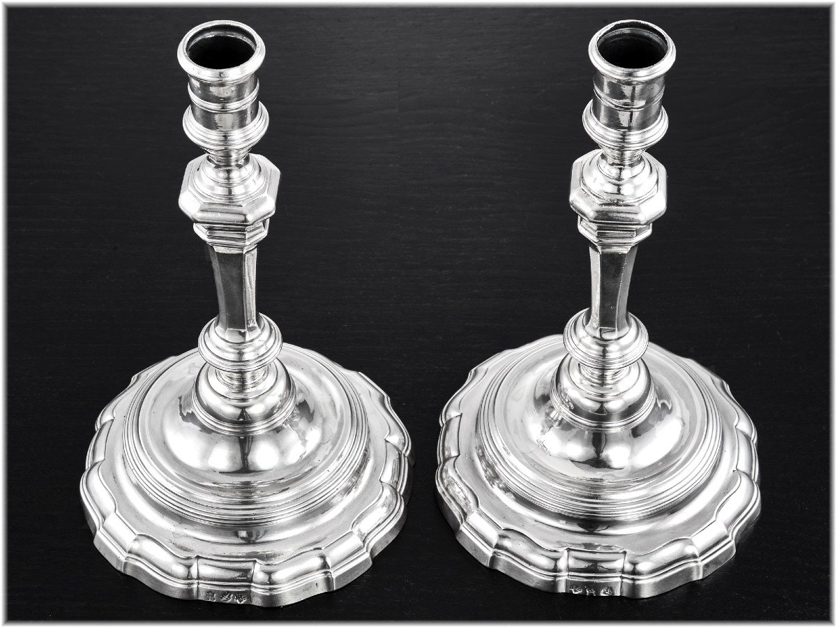 CORDE : Rare Paire de Flambeaux en Argent massif Bretagne LORIENT 1759-66, +1,2kg-photo-2