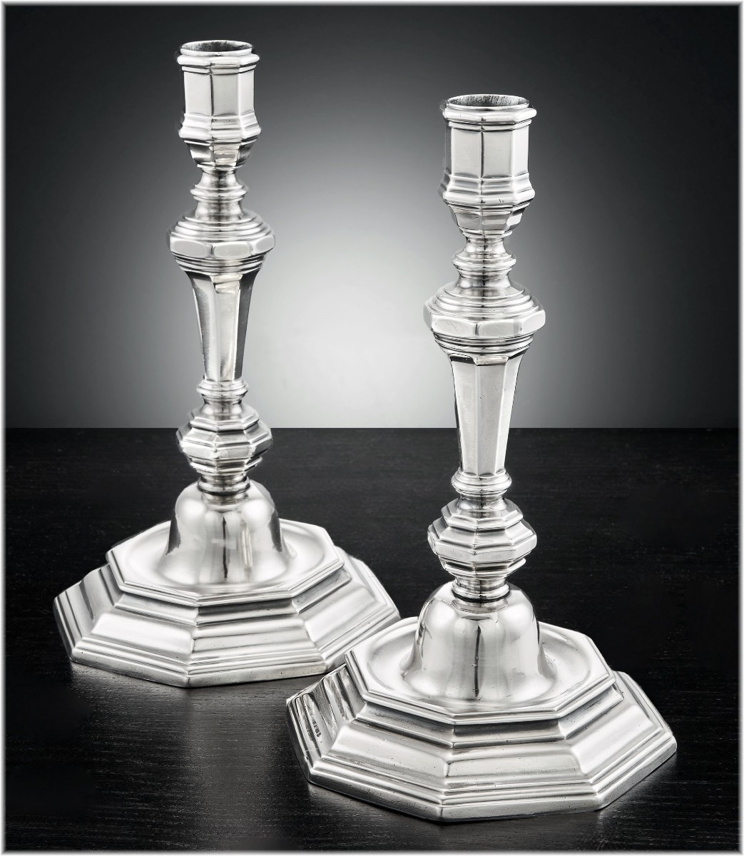 Jean Beaucaire : Rare Pair Of Solid Silver Candlesticks, 18th Century, Metz, 1747-48