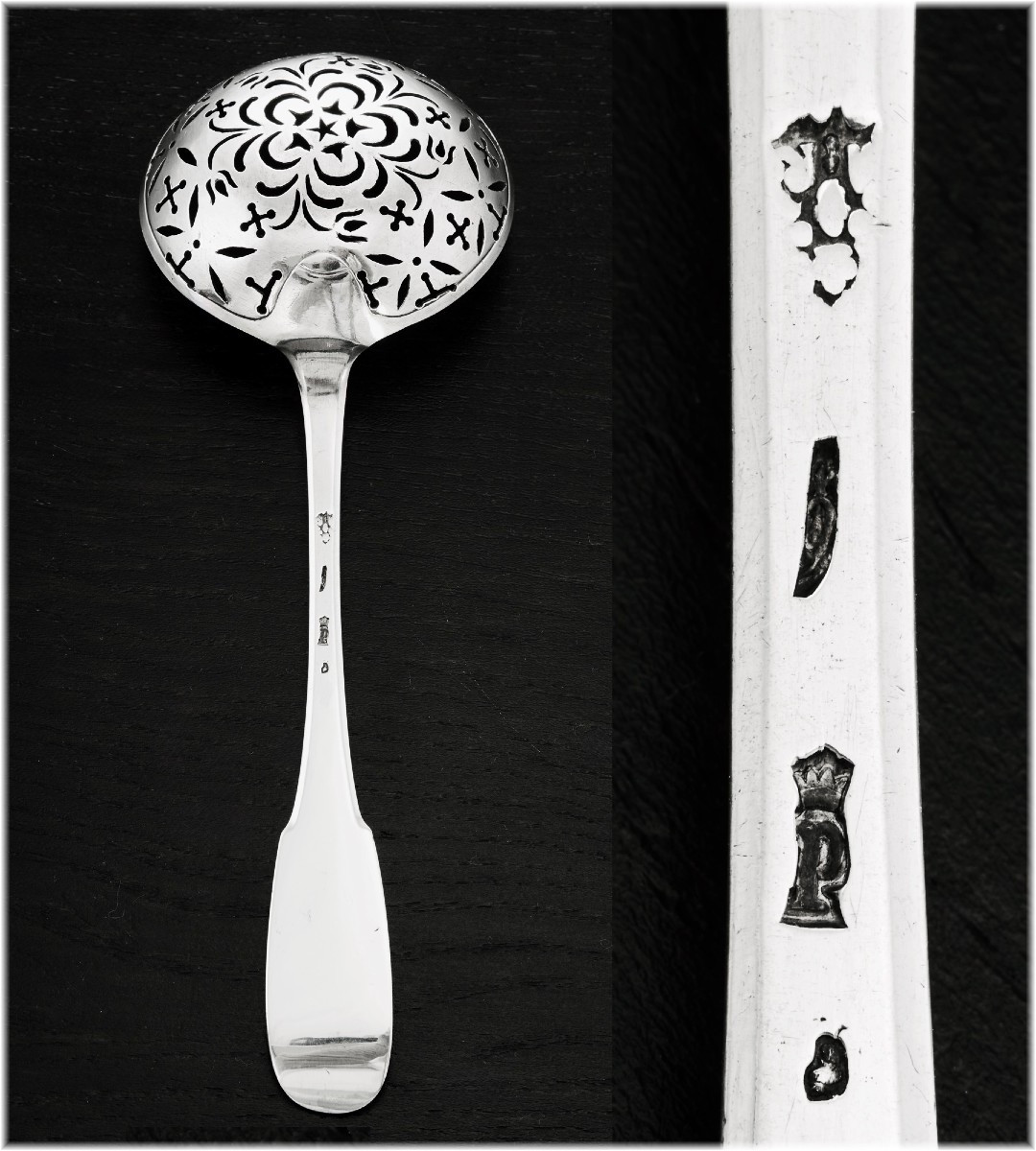 Claude-antoine Rahier : Rare Solid Silver Sugar Sifter Spoon Brittany Rennes 1769-70-photo-4
