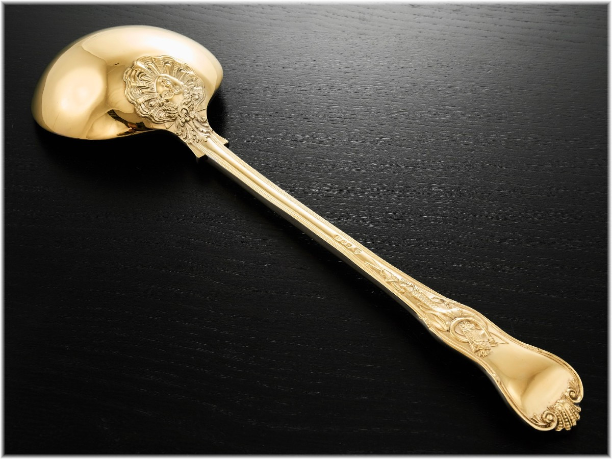 C.J. VANDER : Rare Grande Pelle de Service Riz Argent massif Vermeil STAG HUNT-photo-2